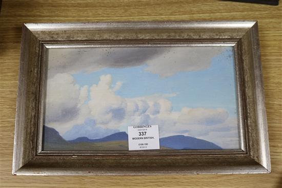 Modern British, oil on canvas board, clouds over mountains, 5.5 x 10in.